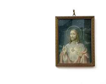 Vintage Jesus Print Framed Sacred Heart Christ w/ Halo Starry Night Sky Printed In Italy Lithograph Under Glass Frame Gold Tone Carved Wood