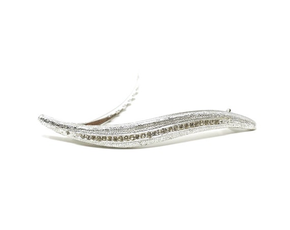 Vintage Barrette Silver Faux Crystals Hair Clip Swoosh Design 60s Hair Accessory Large Barrette Textured Metal Faux Diamond Gems Hair Bling