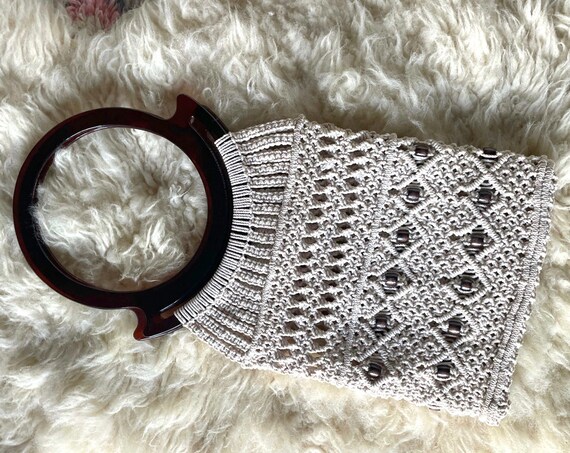 Vintage Macrame Purse White with Dark Wood Beads Crocheted Bag Lucite Handles OOAK Large Clear Amber Plastic Ring Handle Handbag Boho Hippie
