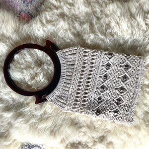 Vintage Macrame Purse White with Dark Wood Beads Crocheted Bag Lucite Handles OOAK Large Clear Amber Plastic Ring Handle Handbag Boho Hippie