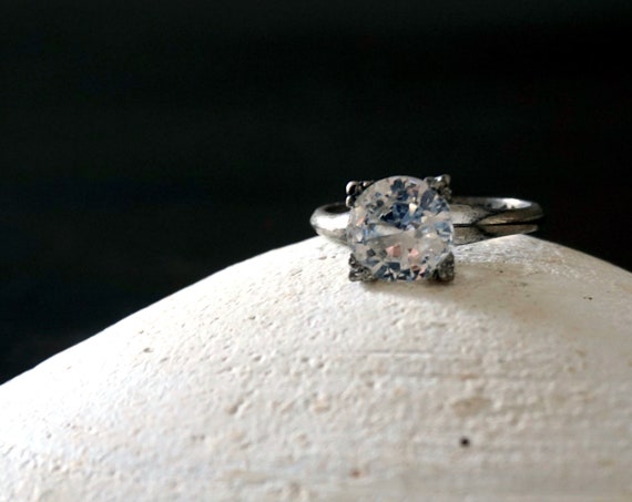 Vintage Sterling Ring Clear Cubic Zirconia Brilliant Cut Man Made Gem Colorless Round Faux Diamond Ring Size 6.25 Thin Band Silver Prong Set