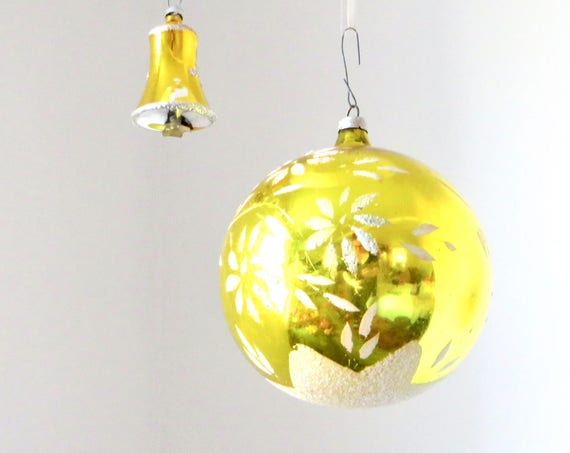 Vintage Gold Glass Ornaments Large Ball with White Sugar Star Small Glitter Bell 1960s