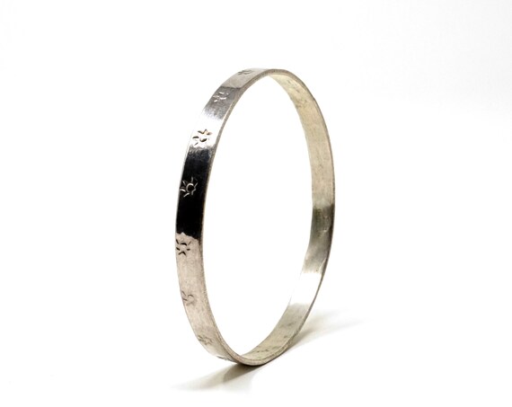 Vintage Mexican Silver Bangle Etched Stamped Suns Solid Silver Bracelet Made In Mexico Likely Alpaca Silver Alloy Jewelry