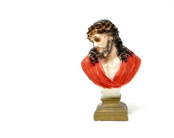 Vintage Jesus Chalkware Bust Statue Catholic Religious Chalk Ware Statuary Crown of Thorns Holy Christ of Agony
