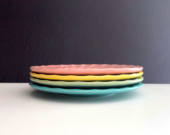 Vintage Swirl Dishes Coronado Gladding McBean Franciscan Bread and Butter Plates Glossy Pastels Plate Small 1 Each of Aqua Green Yellow Pink