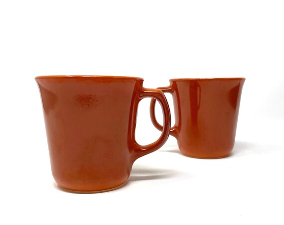 Vintage Pyrex Mugs Orange Glass White Interior 80s Rust Brown Coffee Cups w/ Handles Corningware Pyrex Glass Oven Proof Microwave Safe Pair