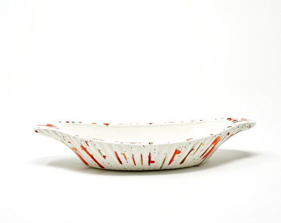 Vintage Splatter Ceramic Dish White Orange Multicolor Confetti Speckled and Drips Oblong Boat Shape Bowl Mid Century
