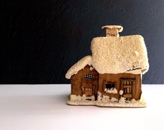 Vintage Putz House Snowy Roof White Mica Glitter 1940s Handmade Christmas Cottage Rustic Tiny Holiday Home Gnome Fairy Garden Retro Winter