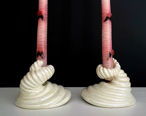 Vintage Candle Holders Iridescent Ceramic Swirls Taper Candleholder Pair Glazed Opal White Holiday Table Top Opalescent Pottery Candlesticks