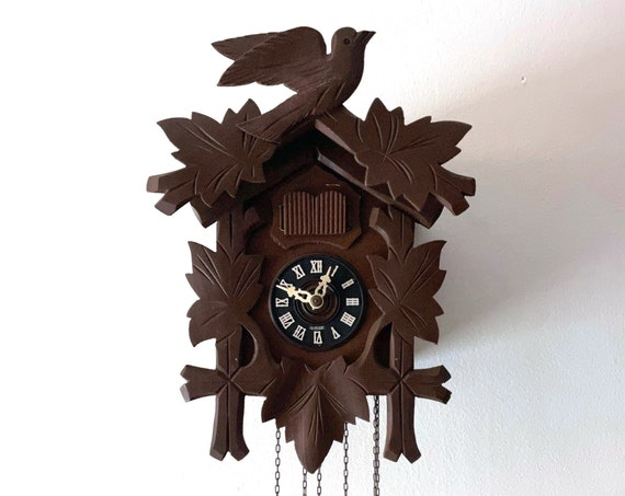 Vintage Cuckoo Clock 1960's Black Forest Clock Germany Leaf and Loon Design Emil Schmeckenbecher Pine Cone Weights Complete But Needs Repair