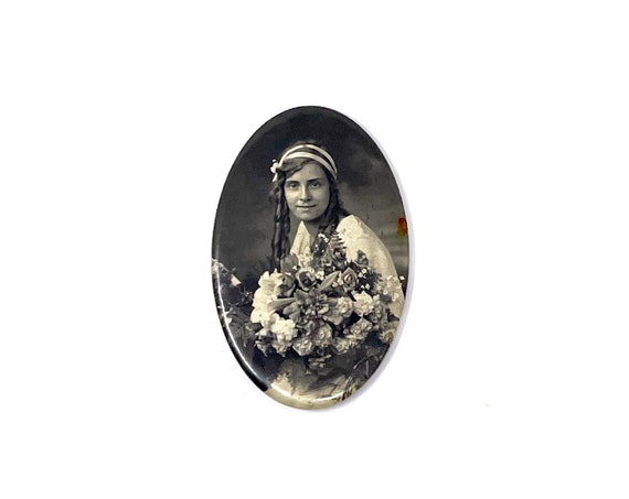 Antique Photo Mirror Edwardian Girl Small Pocket Mirror Oval Celluloid 1920s Sepia Tone Photograph Portrait Young Woman With Bouquet