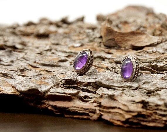 Vintage Amethyst Earrings Silver Set Oval Small Polished Purple Stone Cabochons Silver Beaded Border Pierced Earrings
