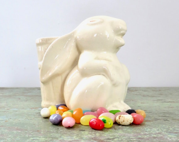 Vintage Easter Bunny Planter White Rabbit Mid Century Ceramic Vase Red Eyes