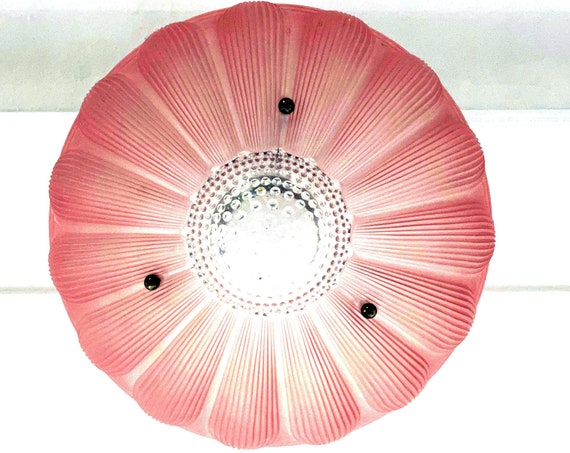 Vintage Glass Shade for Ceiling Fixture Art Deco Style Sunflower Pink Frosted Glass Molded Clear Hobnail Center 3 Holes For Hanging Chains
