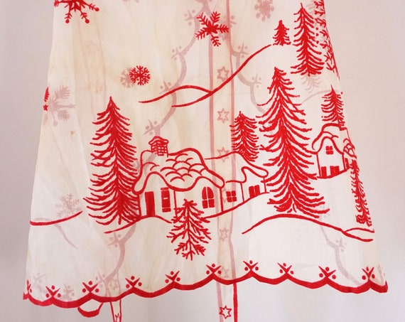Vintage Holiday Half Apron Flocked Sheer Red Velvet Christmas Scene on White Organza Snowflakes Stars Scalloped Edge Needs Repair Repurpose