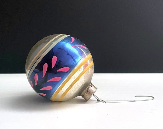 Vintage Ornament Hand Painted Ball Silvered Glass Ball Blue Band Pink Leaves Yellow Stripe Silver Mercury Glass Bulb Mid Century Tree Trim