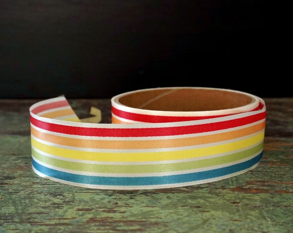 Vintage Rainbow Ribbon Roll Salvaged Over 130" Ribbon Length White Colorful Stripe 70s Stiff Satin Finish Ribbon 1.5” Wide Ribbon 3 Yard +