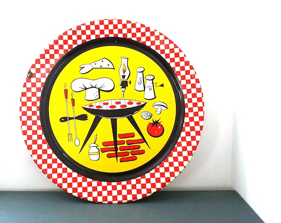 Vintage Grilling Tray Barbecue Plaque Metal Yellow Red Black Painted Platter Summertime Grill Theme Mid Century Outdoor Man Cave