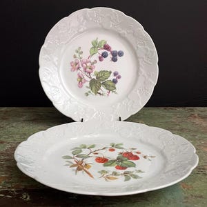 May include: Two white ceramic plates with embossed floral designs. One plate features a blackberry branch with pink flowers, the other a raspberry branch with green leaves.