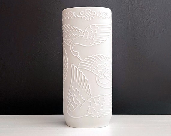 Vintage Vase White Bisque Pottery Embossed Crane Motif White on White Flat Fronted Oval Mouth Vase with Glazed Interior AK Kaiser Look Asian