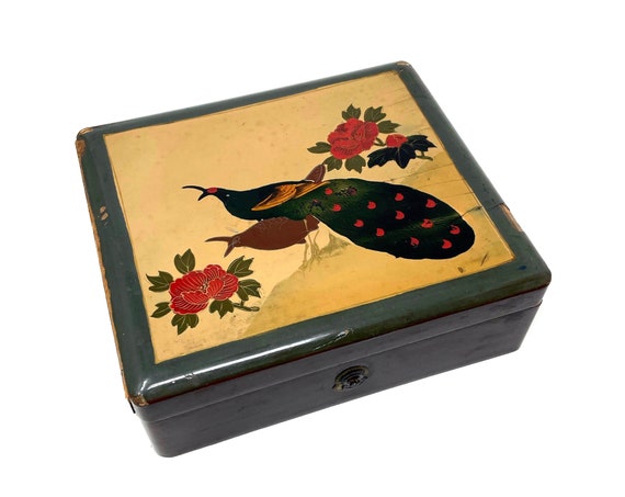 Vintage Jewelry Box Peacock Motif Lacquer Top with Key Lock Not Working Made in Japan Wood