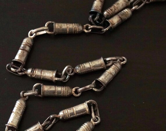 Vintage Bullet Necklace Silver Bullets Chain Hollow Fake Bullet Beads Ribbed Linked Long Necklace Heavy Patina 925 Silver Lobster Clasp Rare