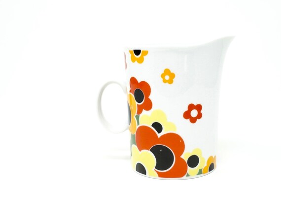Vintage Creamer Mod Floral Bold Red Orange Yellow Black Daisy Print White Ceramic Cream Pitcher Poland 1960s Groovy Retro Mug Shaped Creamer