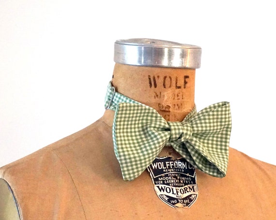 Vintage Bow Tie Gingham Green White Tie Robert Talbott Necktie for Wedding Formal Attire Spring Menswear Small Check Print Bowtie