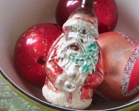 Vintage Santa Ornament Mercury Glass Hand Blown Painted 1940s Christmas Tree Trim Red Green Silver