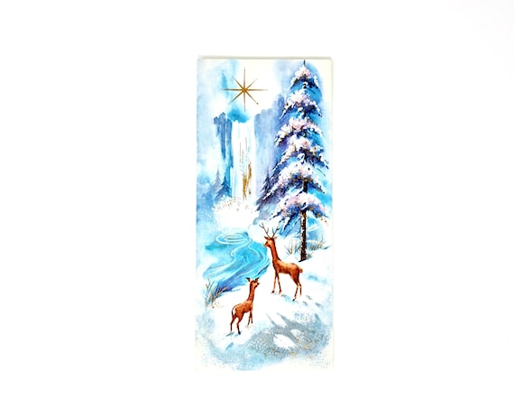 Vintage Christmas Card Deer in Snow 50s Holiday Greeting Card Used Mid Century Blue Snow Scene Woodland Gold North Star New Year Paper Card
