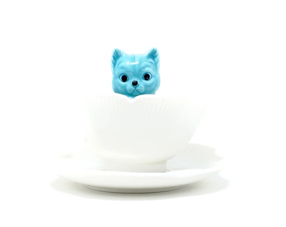 Vintage Lotus Bowl Kitty Dish White Lotus Flower Bowl with Attached Matching Saucer Unusual Lotus Flower Dish with Blue Cat Standing Within