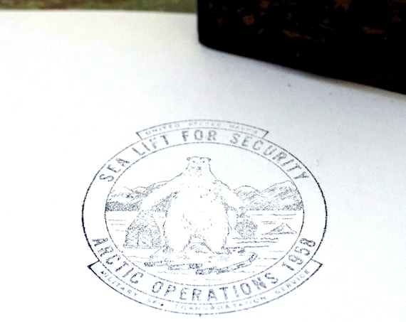 Vintage Rubber Stamp Arctic Operations 1958 Polar Bear Logo US Navy Sea Lift For Security Military And Transportation Service Rare Ink Stamp
