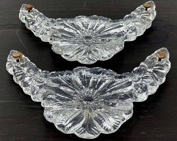 Vintage Glass Handles For Vanity Mirror Tray Set of 2 Pressed Glass Flower w/ Original Hardware Ornate Clear Glass Poppy Floral Arch Salvage