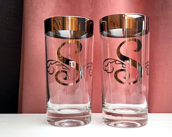 Vintage S Highballs Dorothy Thorpe Style MCM Hi Ball Silver Letter S Glasses Monogrammed Platinum Thick Rim Set of 2 Glass Tumblers Mercury