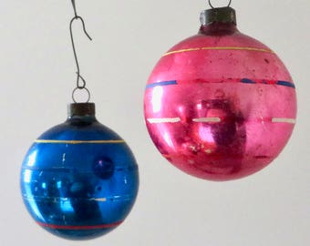 Vintage Striped Glass Balls Blue Red 1950s Christmas Ornaments Made in US of A