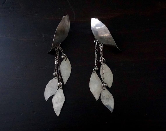 Vintage Leaf Earrings Silver Dangling Leaves Handcrafted OOAK Jewelry Autumn Earring Pair Etched Metal Handmade Fall Gift