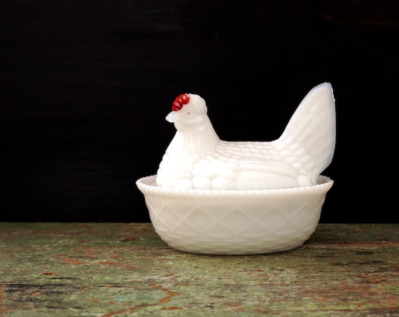 Vintage Hen Milk Glass Covered Dish Chicken on Nest Westmoreland White Hen Red Coxcomb Eyes Split Tail Chicken Lattice Nest 1950s Farmhouse