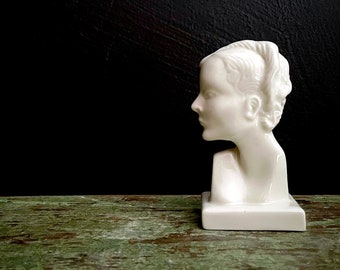 Vintage Porcelain Bust Deco Head Flapper White Stylized 30s Hairstyle Woman's Bust Small Hollow Glazed Ceramic Finely Crafted Maker Unknown