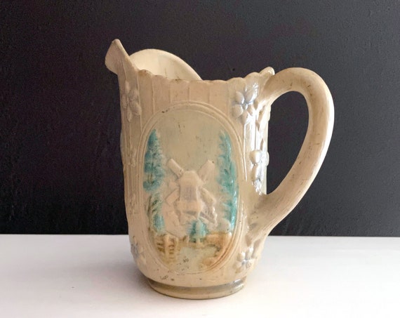 Vintage Pitcher Windmill Design Ceramic Creamer Large Hand Painted Rustic Look Pottery OOAK Made From Mold of Imperial Glass Pitcher Vase