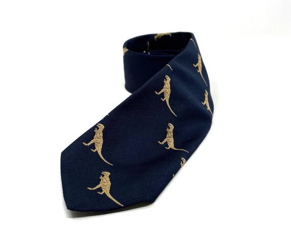 Vintage T Rex Tie Museum of Natural History Necktie Tyrannosaurus Rex Gold Dinosaurs on Navy Tie Repeating Dino Pattern Prehistoric Kitsch
