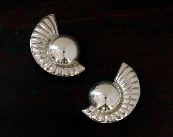Vintage 925 Silver Earrings Clip On Taxco 80s Huge Winged Orbs Hollow Sterling Silver Modernist Style Large Earrings Mexican Silver Jewelry