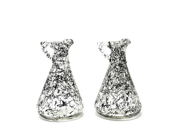 Vintage Cruet Set Glass Spaghetti String Black Squiggle 1950s Hazel Atlas Set of Two Cruets Small Bottle with Spout and Handle