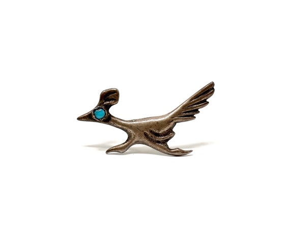 Vintage Tie Tack Roadrunner Silver Turquoise Bead Eye Novelty Tie Tack 1970s Southwestern Men's Accessory Road Runner Bird Chaparral Cock