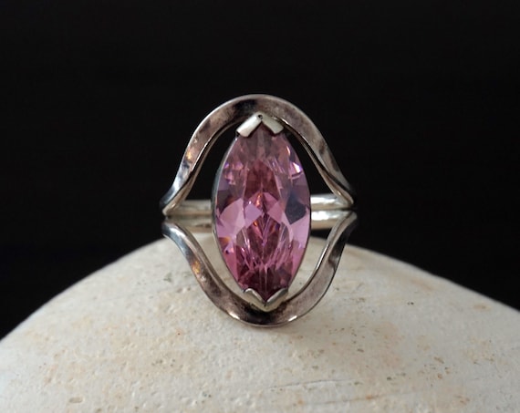 Vintage Pink Ring Cubic Zirconia Marquise Cut 2 Prong Setting 925 Sterling Silver Mexico Size 6 Large Faux Pink Diamond Look Man Made Gem