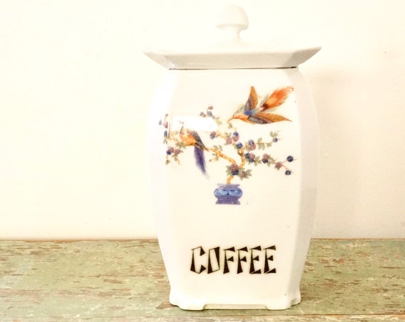 Vintage 1920s Canister Deco Labeled Coffee White Porcelain Jar with Lid Birds of Paradise Victoria F.C.Co. Czechoslovakia Coffee Bean Holder