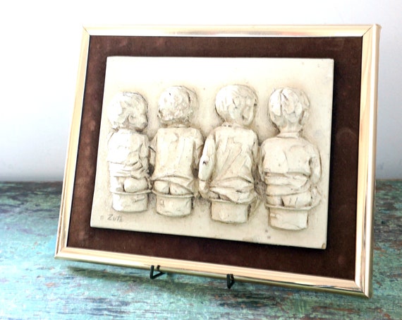 1970s Joseph Zutz Artwork Wall Sculpture Boys Chamber Pots Carved Look Relief Resin Mounted on Brown Velvet Brass Frame Bathroom Art Potty
