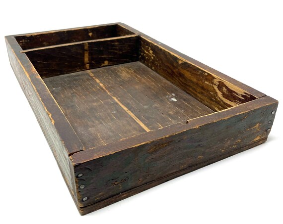 Vintage Wood Box Salvaged Drawer Stained Wood Rustic Two Compartment Tray Organizer Repurposed Wall Shelf