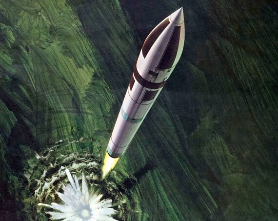 Vintage Oleg Stavrowsky Print Polaris 1965 Ballistic Missile Painting Green Abstract Background Print By 3m Co. 1960s Sci-fi Art Rare Print