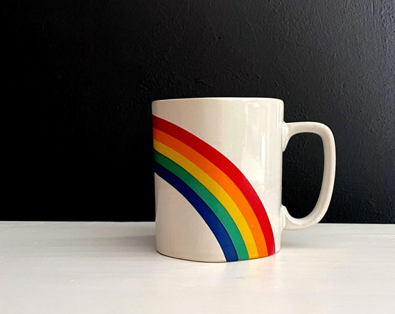 Vintage Rainbow Mug Hexagonal Shaped Coffee Cup 1980s Mug White With ROYGB Curved Rainbow Graphic Iconic Design Pride Mug Gift