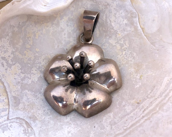 Vintage Flower Pendant Sterling Silver Hibiscus Necklace or Dogwood Flower CII Mexico Handcrafted Hollow 925 Mexican Jewelry